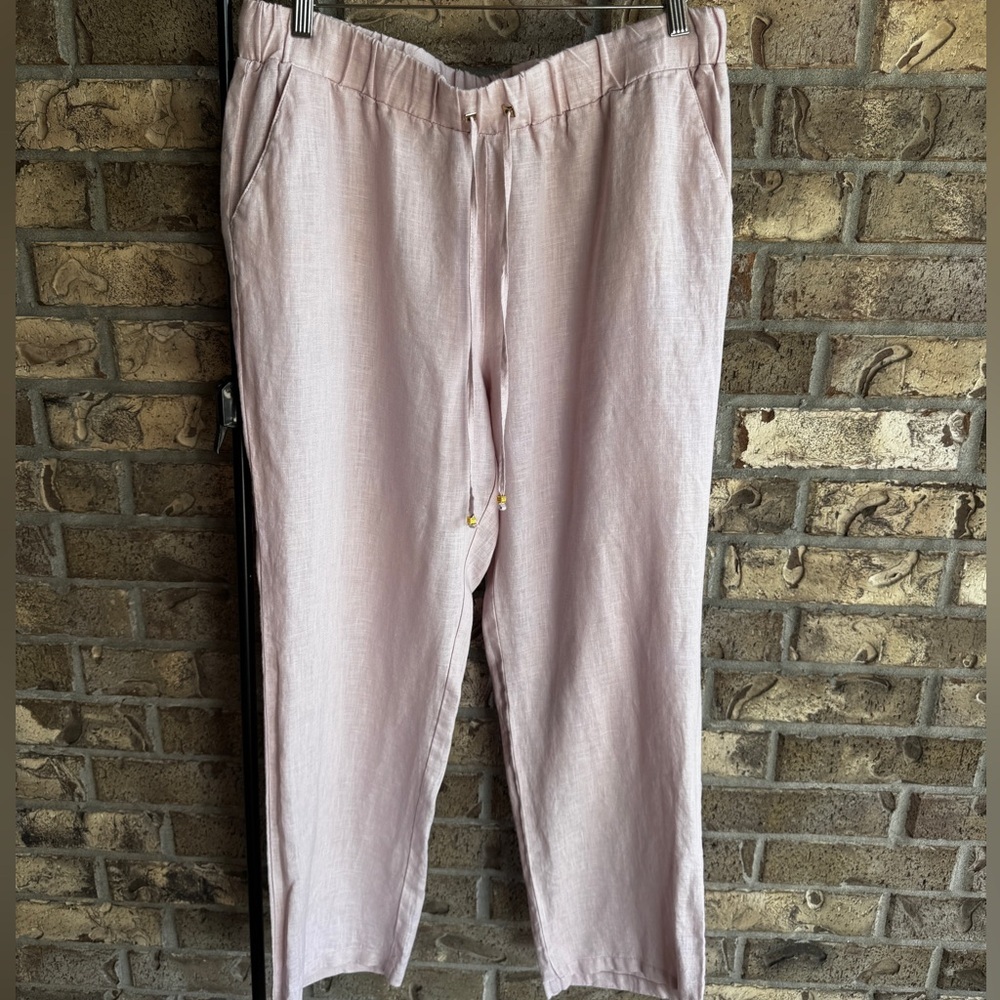 Ellen Tracy 100% Linen Pull On Pants Light Pink Elastic Waist Size L
